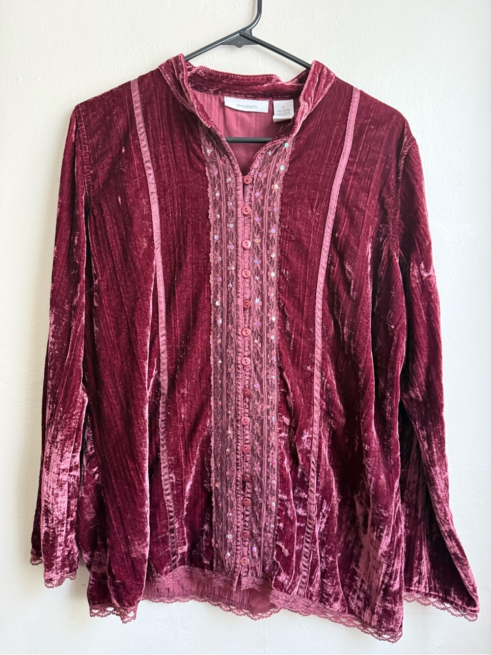 Dressbarn Velvet Embellished Lace Button Front Top Burgundy L Boho Stevie Nicks